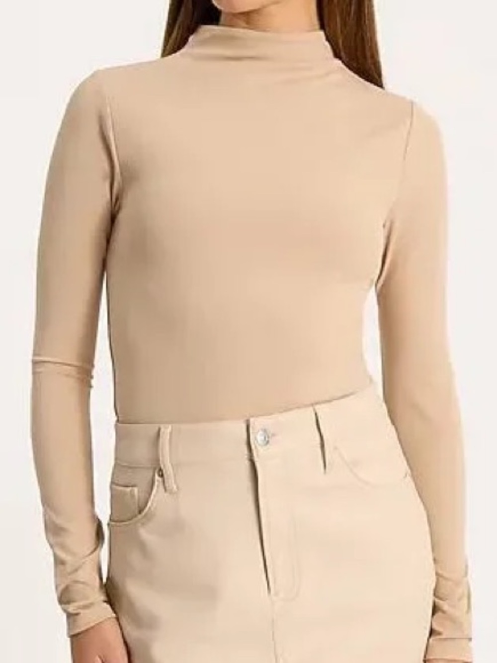 Express Body-contour Beige Mock Neck Long Sleeve